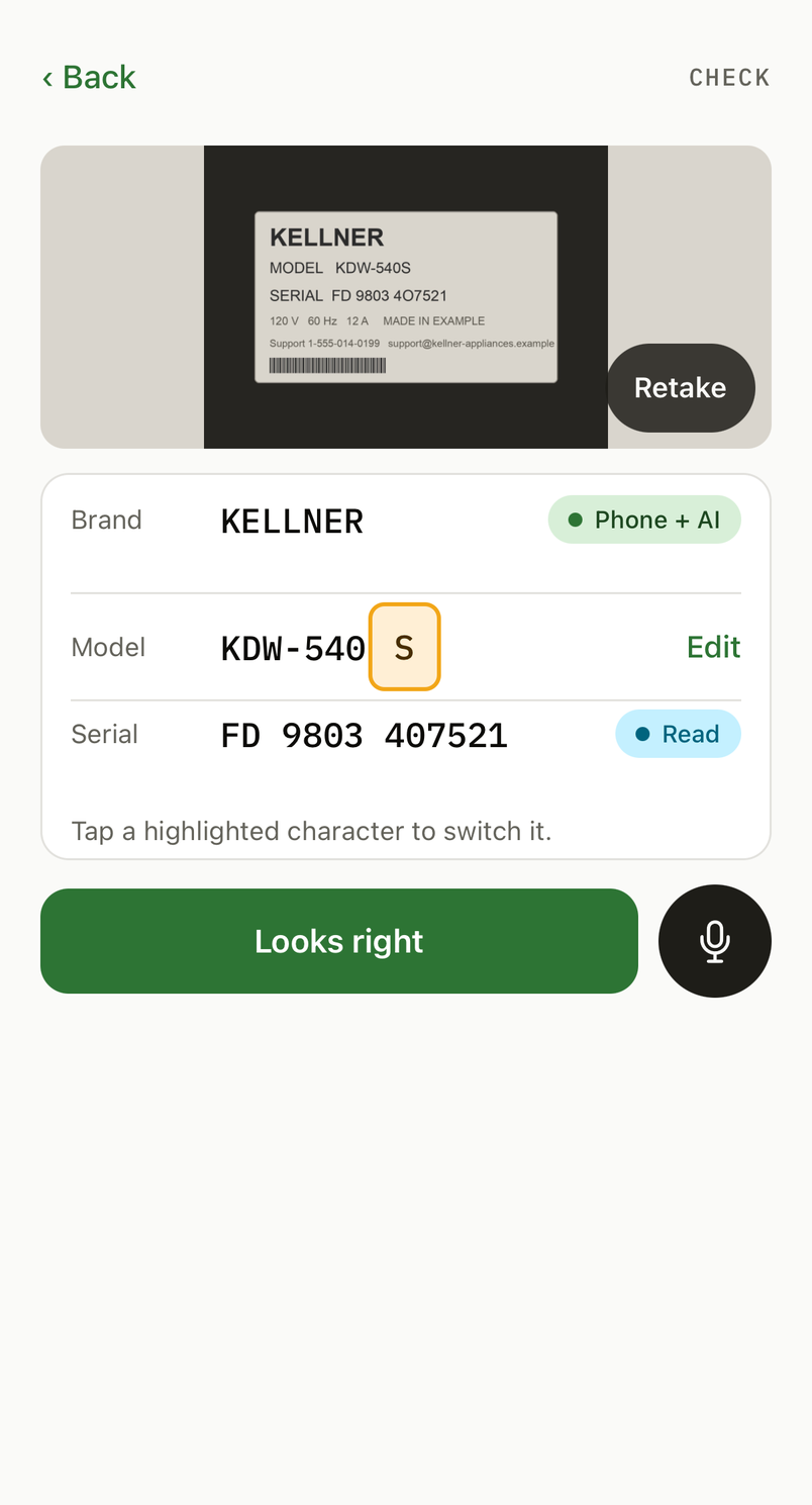 Check: the plate photo, then the brand KELLNER read the same by the phone and the AI, the model with one look-alike character highlighted to tap, the serial as read, and one Looks right button beside the microphone.