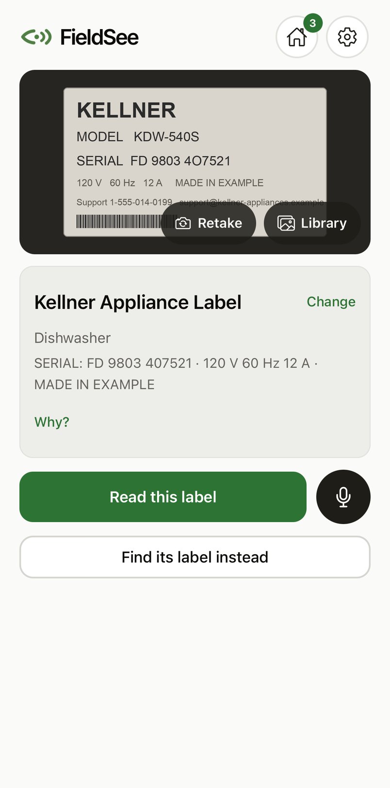 The FieldSee app just after a photo of a rating plate: KELLNER, read on the phone and by AI, the type and the printed values in two lines, and one button to read the label beside the microphone.