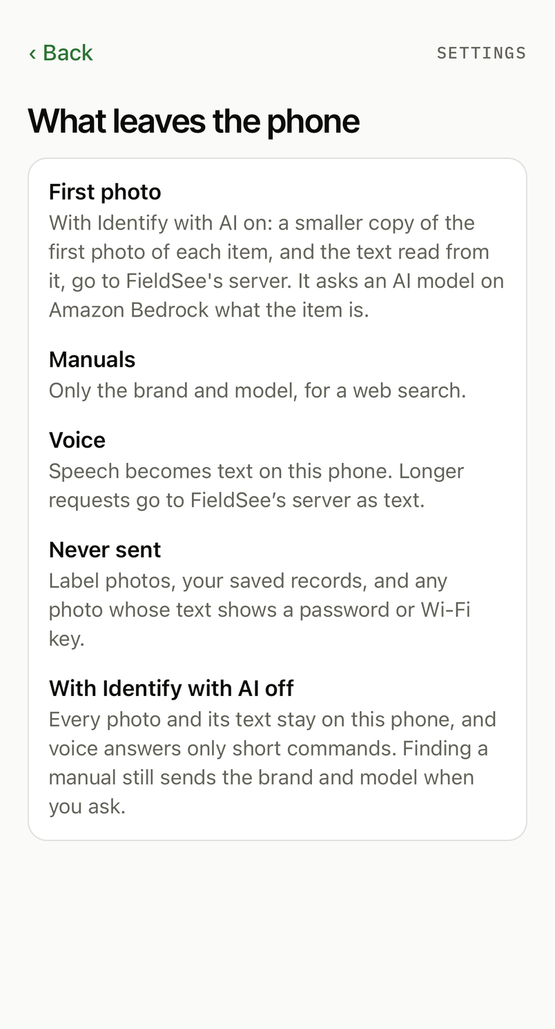What leaves the phone: the first photo while Identify with AI is on, the brand and model for a manual search, speech as text, and never label photos, saved records, or a photo that shows a password.
