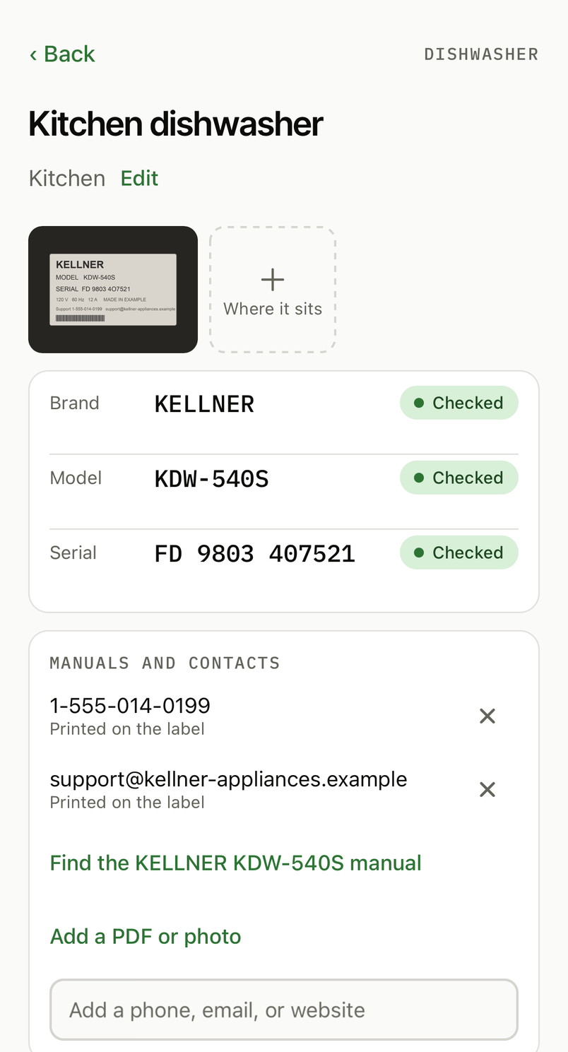 The saved record: Kitchen dishwasher, with brand, model, and serial checked, the support phone and email printed on the label, a manual search, and a filter reminder.