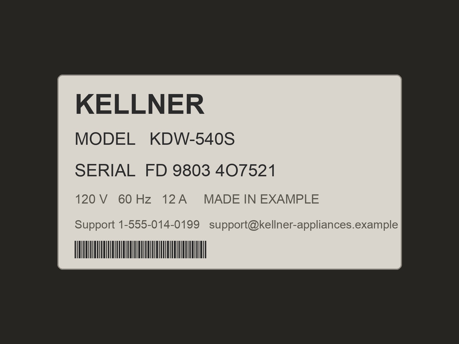 A sample rating label for a made-up KELLNER dishwasher: model KDW-540S, serial FD 9803 4O7521, with a support phone number and email.